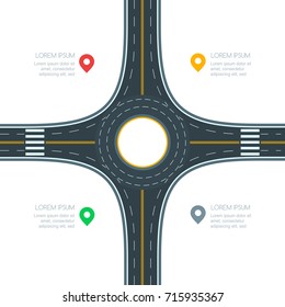 Roundabout road junction, isolated on white background, vector illustration. Infographics template with copy space. Empty asphalt crossroad with marking. Street traffic and transport design template.