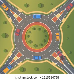 Roundabout road with pedestrian paths, curbs and boards, road markings, grass, bushes and trees.. Crossing of highways by type of ring intersection. Vector background