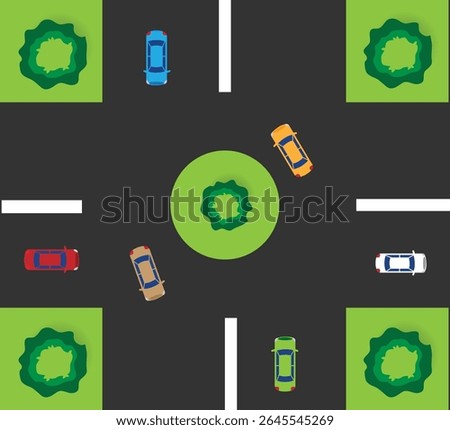 Roundabout Rotunda Road Top View with Cars. Traffic regulation and city infrastructure vector art