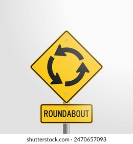 Roundabout Sign: vector illustration of a yellow traffic sign indicating a roundabout