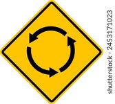 Roundabout sign. Yellow diamond shaped warning road sign. Diamond road sign. Rhombus road sign.
