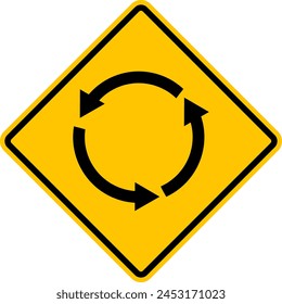 Roundabout sign. Yellow diamond shaped warning road sign. Diamond road sign. Rhombus road sign.