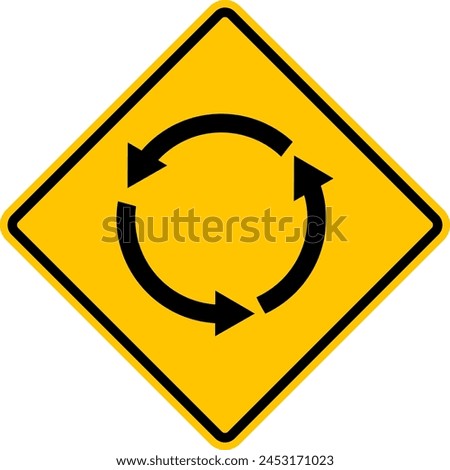 Roundabout sign. Yellow diamond shaped warning road sign. Diamond road sign. Rhombus road sign.