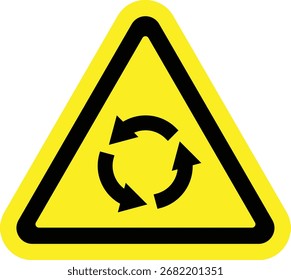 Roundabout traffic sign with circular arrows in yellow and black vector design.