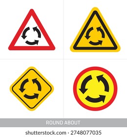 Roundabout Traffic Sign Icons Set – Circular Intersection Road Signs Collection Vector Illustration