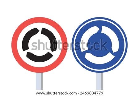 Roundabout Traffic Sign. Red and Blue Circle Roundabout Circulation Road Sign Vector Illustration.