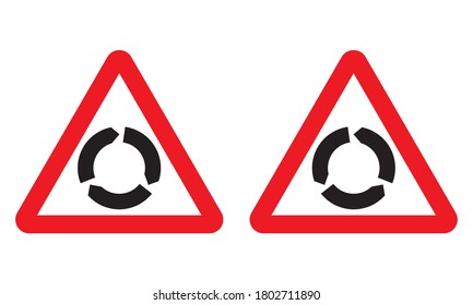 Roundabout Warning Traffic Sign. Vector Illustration Of Traffic Circle Road Sign. Circular Intersection Or Junction Symbol. Red Triangular Board With Black Arrows Inside. Left And Right Hand Traffic.