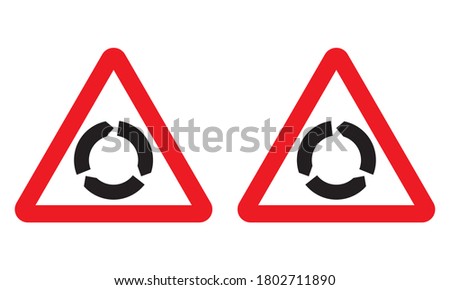 Roundabout warning traffic sign. Vector illustration of traffic circle road sign. Circular intersection or junction symbol. Red triangular board with black arrows inside. Left and right hand traffic.