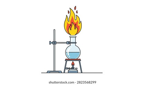 Round-bottom flask with blue liquid heated by a burner and emitting large flames, supported by a metal laboratory stand for chemistry.