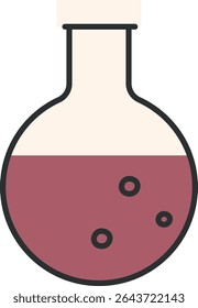 A round-bottom flask filled with liquid and bubbles in a flat style. The container showcases a scientific theme with a bold outline. Cartoon vector illustration.