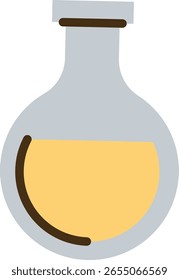 Rundkolben, gefüllt mit gelber Flüssigkeit im flachen Stil. Das Laborglas ist in einem schlichten, sauberen Look abgebildet. Cartoon, Vektorgrafik.