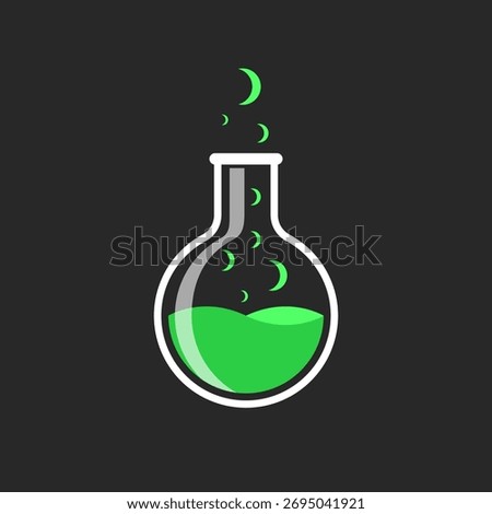 Round-bottom glass flask with bubbling green liquid fantasy chemistry logo vector mockup, symbol of magic, laboratory research, chemical poison.