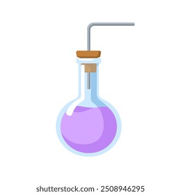 Round-bottom lab flask. Chemical laboratory glassware with liquid, bent metal tube and cork stopper. Chemistry science experiment. Flat cartoon vector illustration isolated on white background