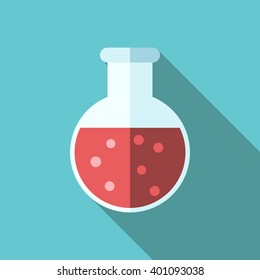Round-bottom spherical flask with red liquid and bubbles. Flat style icon. Chemical industry, research, blood analysis, test, chemistry concept. EPS 8 vector illustration, no transparency