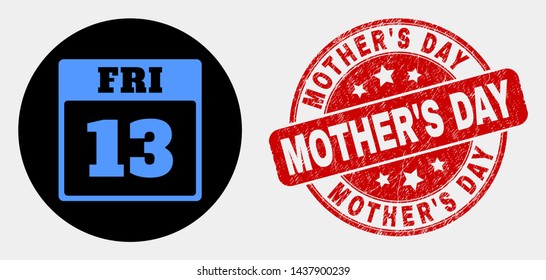 Rounded 13th Friday calendar page icon and Mother'S Day seal. Red rounded grunge seal stamp with Mother'S Day caption. Blue 13th Friday calendar page icon on black circle.