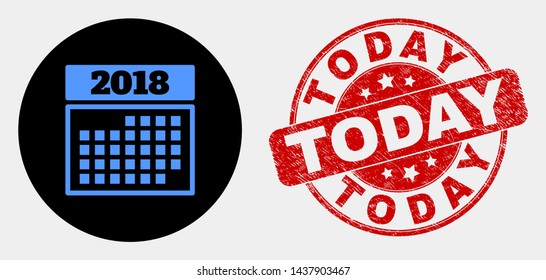 Rounded 2018 calendar page icon and Today seal stamp. Red rounded textured seal stamp with Today caption. Blue 2018 calendar page icon on black circle.
