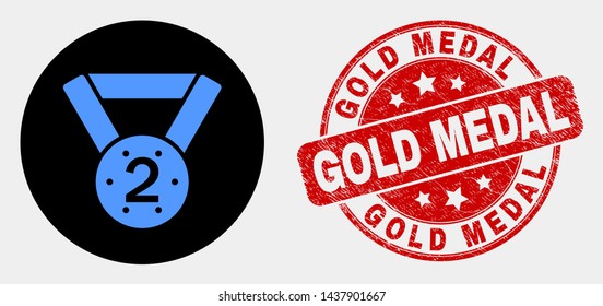 Rounded 2nd place medal pictogram and Gold Medal seal stamp. Red round grunge seal stamp with Gold Medal caption. Blue 2nd place medal symbol on black circle.