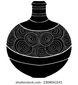 Rounded African ethnic vase silhouette. African, American, tribal, aztec style. Black vector hand drawn illustration isolated on white. Simple flat style