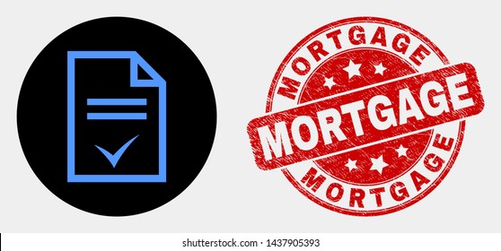 Rounded agreement page icon and Mortgage stamp. Red rounded distress seal stamp with Mortgage caption. Blue agreement page icon on black circle. Vector combination for agreement page in flat style.