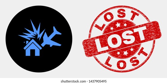 Rounded airplane disaster pictogram and Lost seal stamp. Red rounded textured seal stamp with Lost text. Blue airplane disaster symbol on black circle.