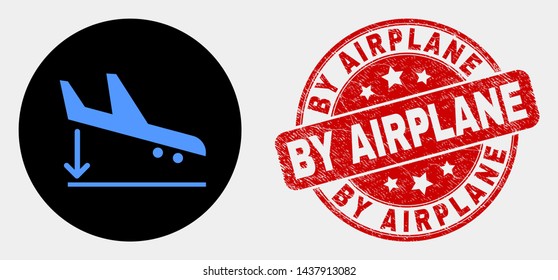 Rounded airplane landing icon and By Airplane seal stamp. Red rounded grunge seal stamp with By Airplane caption. Blue airplane landing icon on black circle.