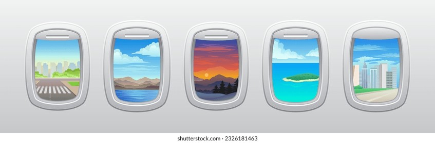 Rounded Airplane Window with Picturesque View Vector Set