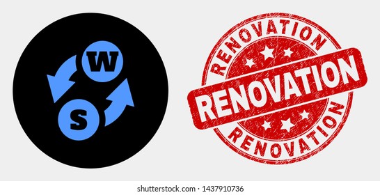 Rounded alphabet characters exchange icon and Renovation watermark. Red rounded distress seal with Renovation text. Blue alphabet characters exchange icon on black circle.