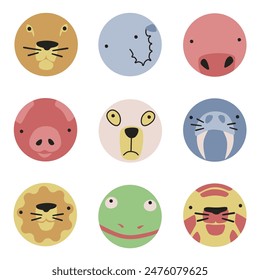 Rounded Animal Face. Simplified, flat, stylized. Set of vector illustrations of cute heads