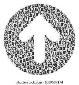 Rounded arrow collage of dollars and spheric spots. Vector dollar currency icons are arranged into rounded arrow composition.