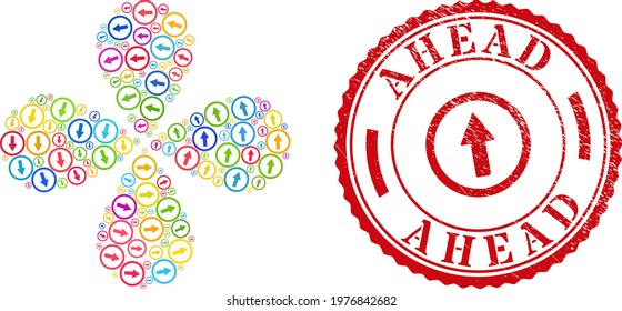 Rounded up arrow colorful rotation abstract flower, and red round AHEAD textured stamp imitation. Rounded up arrow symbol inside round stamp seal.