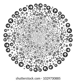 Rounded Arrow fireworks circle. Object pattern done from scattered rounded arrow design elements as burst round shape. Vector illustration style is flat iconic symbols.