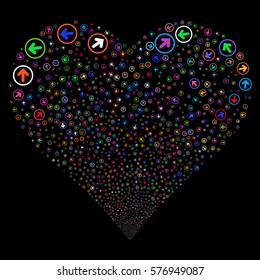 Rounded Arrow fireworks with heart shape. Vector illustration style is flat bright multicolored iconic symbols on a black background. Object love heart done from random symbols.