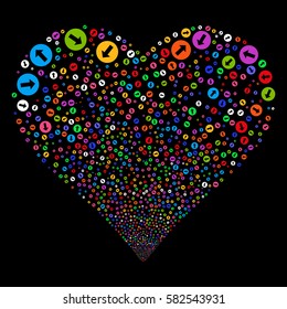 Rounded Arrow fireworks with heart shape. Vector illustration style is flat bright multicolored iconic symbols on a black background. Object love heart organized from random pictographs.