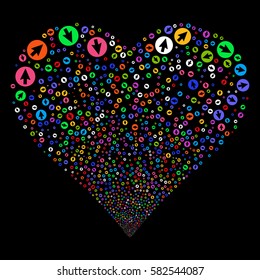 Rounded Arrow fireworks with heart shape. Vector illustration style is flat bright multicolored iconic symbols on a black background. Object stream combined from confetti design elements.