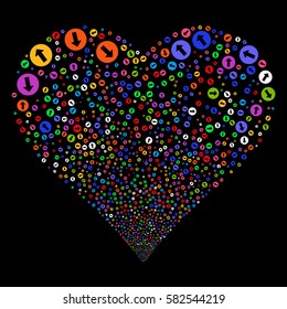 Rounded Arrow fireworks with heart shape. Vector illustration style is flat bright multicolored iconic symbols on a black background. Object salute constructed from confetti design elements.
