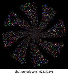 Rounded Arrow fireworks swirl rotation. Vector illustration style is flat bright multicolored iconic symbols on a black background. Object flower made from random pictograms.