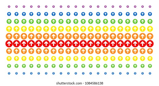 Rounded Arrow icon rainbow colored halftone pattern. Vector items arranged into halftone matrix with vertical rainbow colors gradient. Constructed for backgrounds, covers,