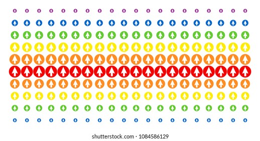 Rounded Arrow icon spectral halftone pattern. Vector shapes arranged into halftone grid with vertical rainbow colors gradient. Constructed for backgrounds, covers, templates and abstraction concepts.