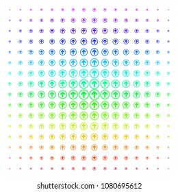 Rounded Arrow icon spectrum halftone pattern. Vector rounded arrow shapes arranged into halftone grid with vertical spectrum gradient. Designed for backgrounds, covers and abstraction compositions.