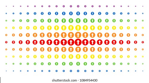 Rounded arrow icon spectrum halftone pattern. Vector rounded arrow shapes are arranged into halftone grid with vertical spectrum gradient. Constructed for backgrounds, covers,
