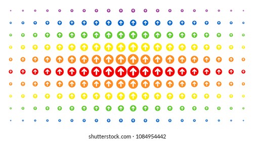 Rounded arrow icon spectrum halftone pattern. Vector rounded arrow items are arranged into halftone array with vertical rainbow colors gradient. Constructed for backgrounds, covers,
