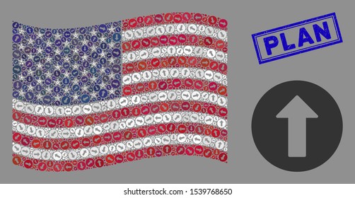 Rounded arrow items are combined into American flag abstraction with blue rectangle rubber stamp watermark of Plan text.