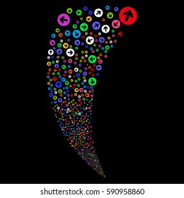 Rounded Arrow random fireworks stream. Vector illustration style is flat bright multicolored iconic symbols on a black background. Object fountain organized from scattered symbols.