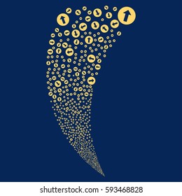 Rounded Arrow random fireworks stream. Vector illustration style is flat yellow iconic symbols on a blue background. Object fountain made from scattered icons.