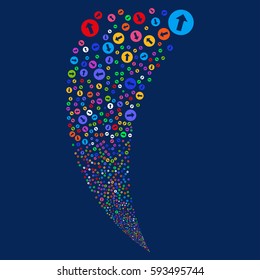 Rounded Arrow random fireworks stream. Vector illustration style is flat bright multicolored iconic symbols on a blue background. Object fountain done from scattered design elements.