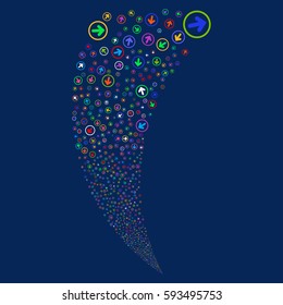 Rounded Arrow random fireworks stream. Vector illustration style is flat bright multicolored iconic symbols on a blue background. Object fountain done from scattered pictograms.