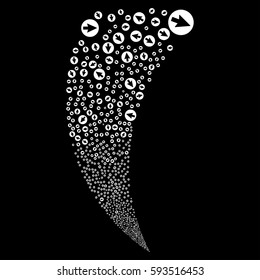 Rounded Arrow random fireworks stream. Vector illustration style is flat white iconic symbols on a black background. Object fountain done from scattered symbols.