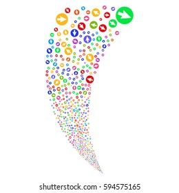 Rounded Arrow random fireworks stream. Vector illustration style is flat bright multicolored iconic symbols on a white background. Object fountain done from scattered pictographs.