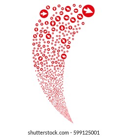Rounded Arrow random fireworks stream. Vector illustration style is flat red iconic symbols on a white background. Object fountain done from scattered design elements.