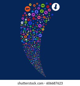 Rounded Arrow random fireworks stream. Vector illustration style is flat bright multicolored iconic symbols on a blue background. Object fountain created from scattered pictograms.